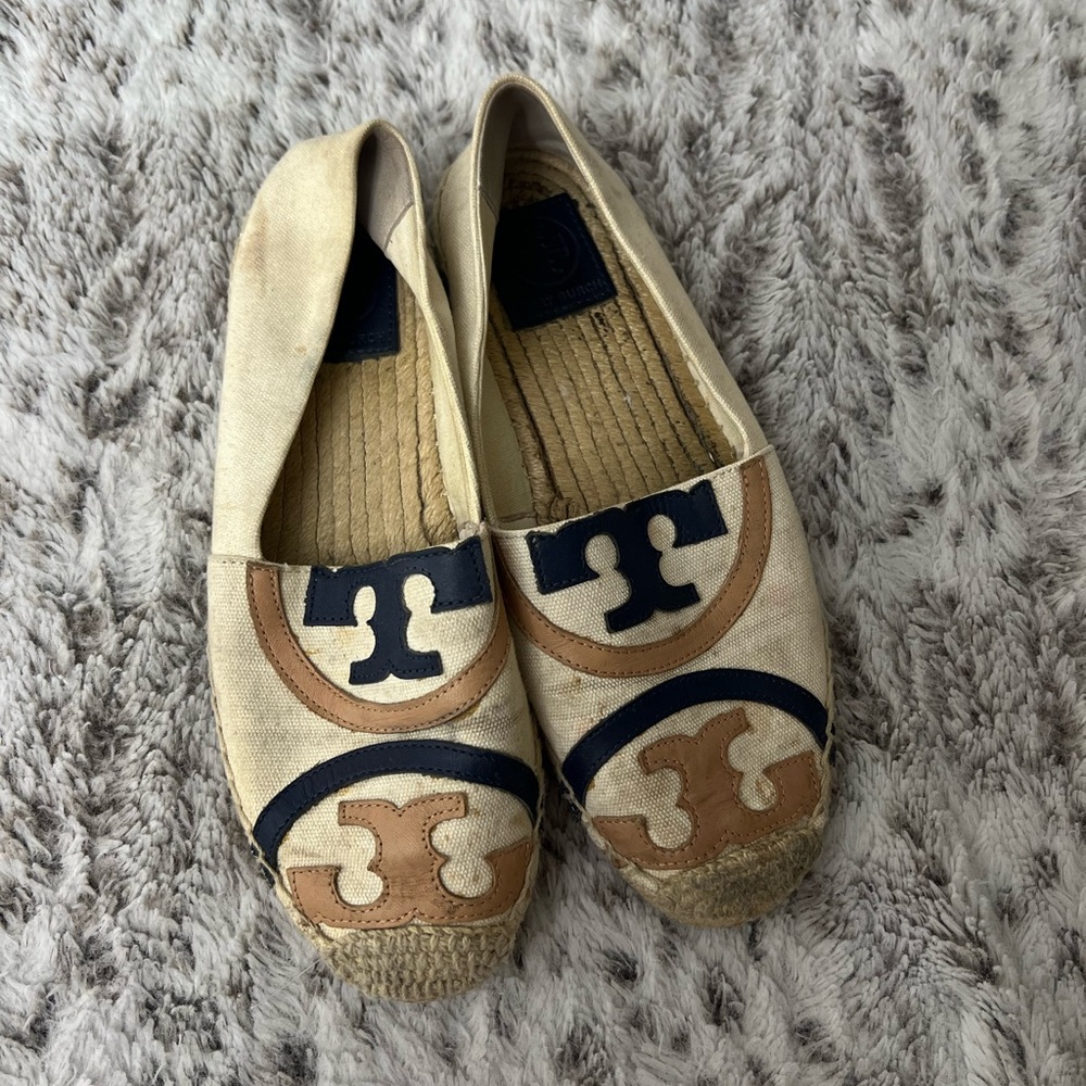 Tory Burch Cream and Tan Espadrilles with Classic Design